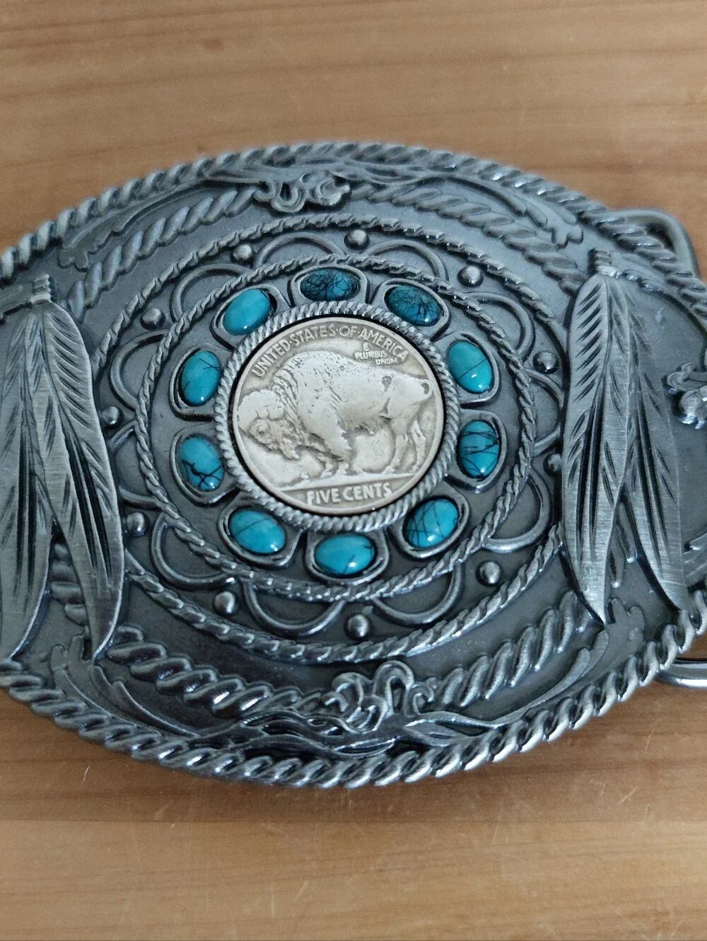 Southwestern Feather Buffalo Nickel Coin with Faux Turquoise Stone Belt Buckle